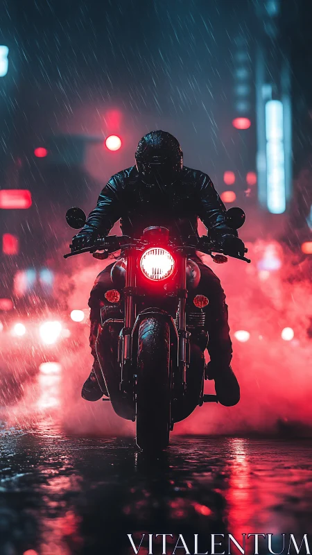 Motorcyclist framed by neon haze on rain-soaked city street.