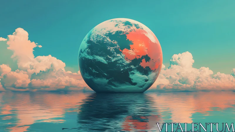 Surreal pastel planet sphere mirrored on tranquil sea horizon.