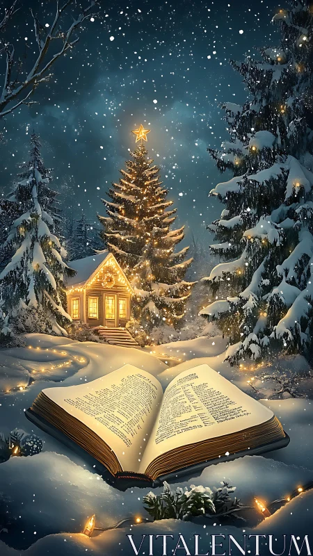 Open storybook in snowy forest with glowing cottage scene.