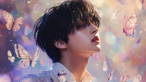 Dreamy youth gazes upward amid luminous pastel butterflies