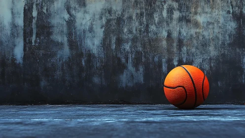Lonely orange basketball waiting on a quiet street court.