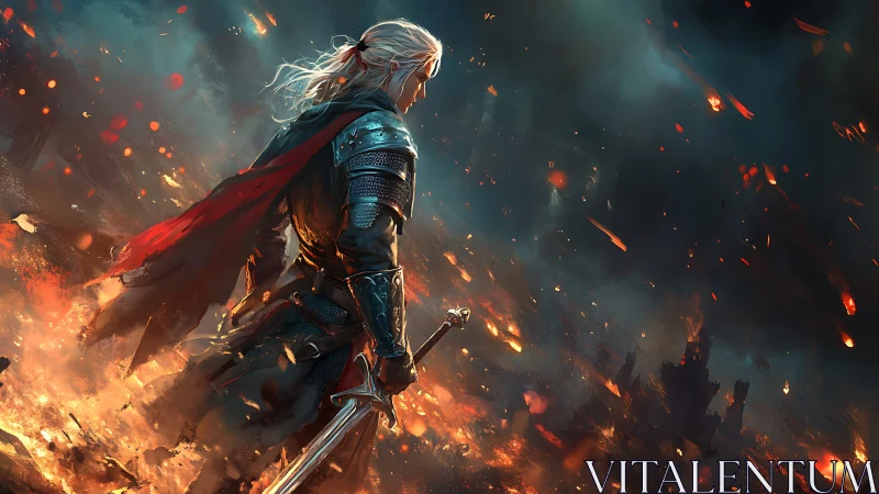Silver-haired knight stands defiant amid blazing battlefield.