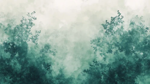 Misty Forest Canopy Through Fog. Ethereal Woodland Atmosphere