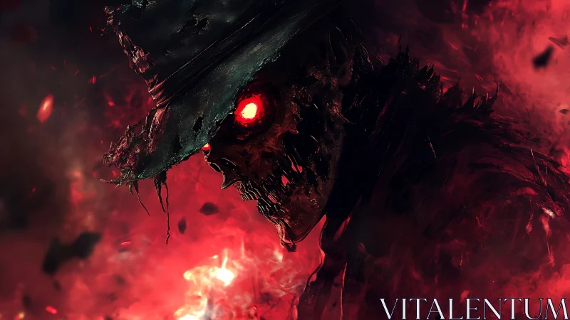 Decomposed figure with glowing red eyes in dark hat profile.