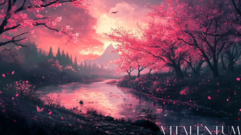 Cherry river catches the sunset and sets the petals drifting