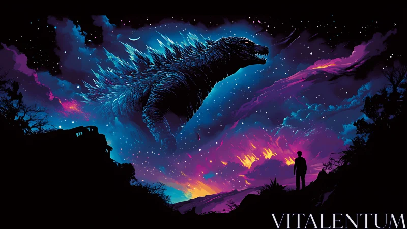 Colossal reptilian figure over neon sky with human silhouette.