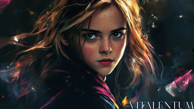 Starlit young sorceress gazes through swirling cosmic embers.