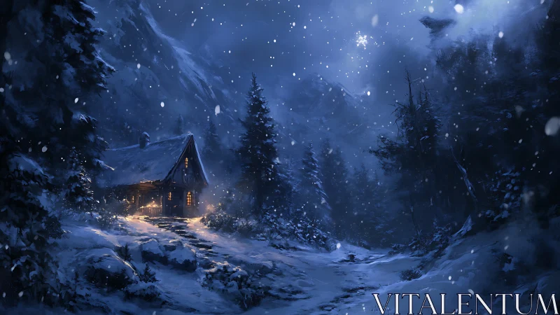Snow-covered forest cabin is illuminated under a night sky