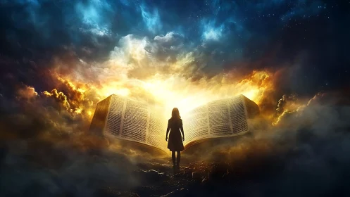 Silhouette before giant open book in luminous cloudscape.