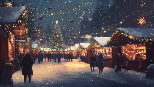 Snowy Christmas market glows under warm festive lights.