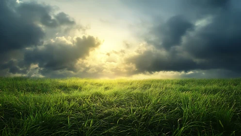 Backlit grass field under dramatic cumulonimbus cloud formation