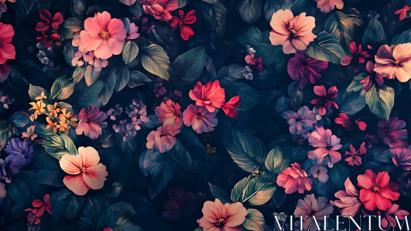 Botanical floral arrangement with saturated pink blooms against deep teal background.