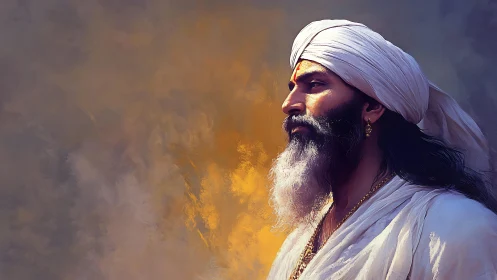 Sunlit sage in white turban studying the quiet horizon.