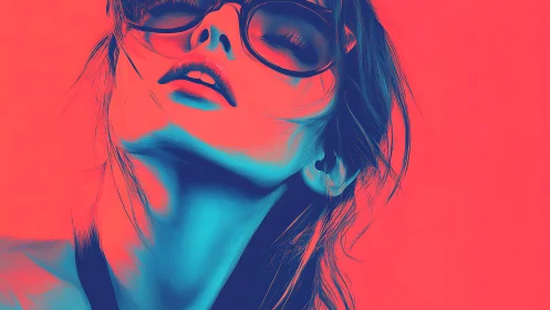 Neon duotone portrait of woman in oversized sunglasses.