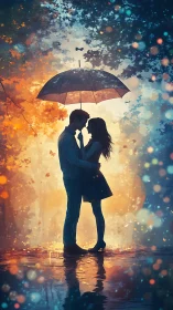 Silhouetted Couple Under Black Umbrella in Warm Bokeh Rain Scene