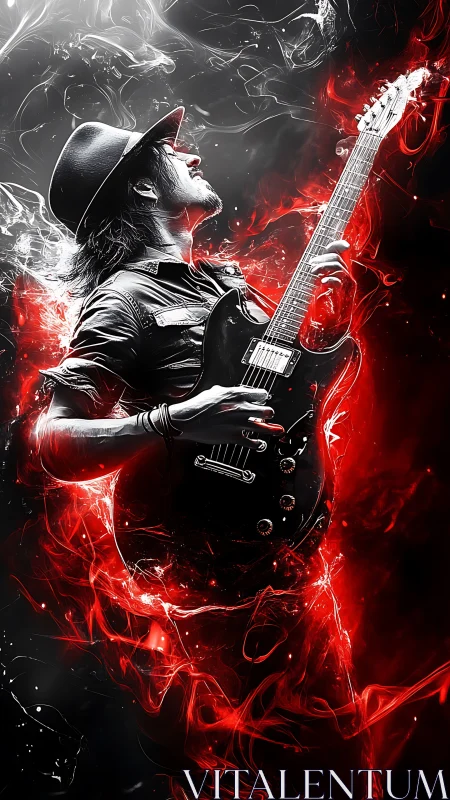 Guitar inferno ignites a lone rocker in wild red smoke.
