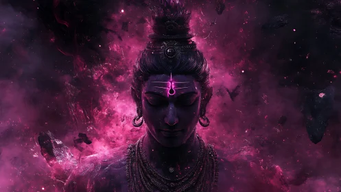 Cosmic Shiva emerges from swirling violet nebula light