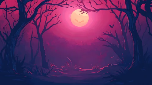 Blood moon rises over eerie forest path shrouded in mist