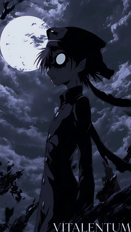 Silhouetted anime figure stands under bright full moon