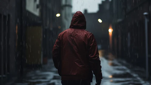 Backlit hooded figure walks through wet urban alley at night
