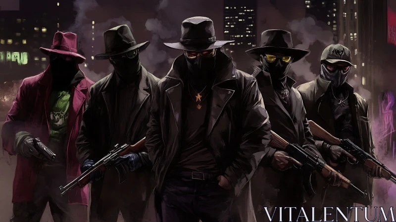 Masked armed group in dark urban night environment.