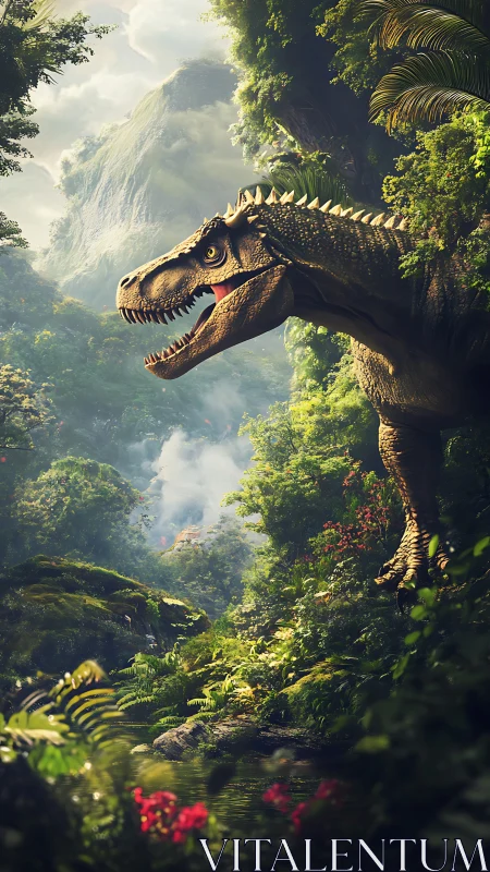 Tyrannosaurus rex stalks lush misty Jurassic rainforest.