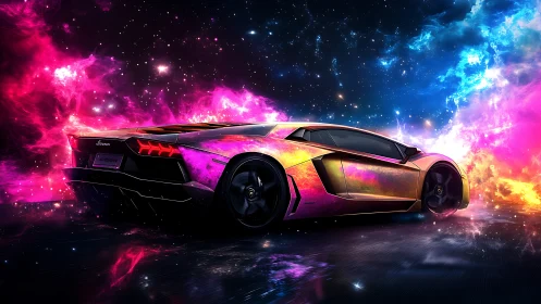 Sports car rendered against vivid cosmic nebula background
