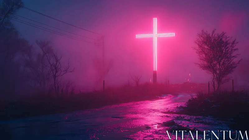 Neon cross glows over a foggy night road in magenta haze