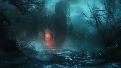 Midnight path to a glowing, otherworldly ruin gateway.