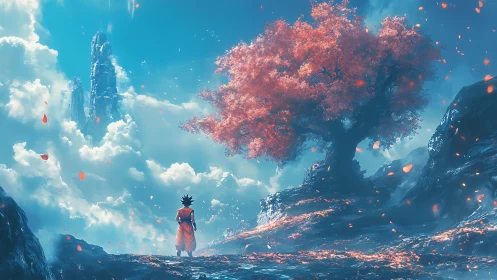Warrior observes luminous red tree over clouded cliffs