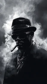 Silhouetted figure in hat and sunglasses stands amid smoke