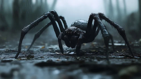 Photorealistic macro study of a black spider in rainfall.