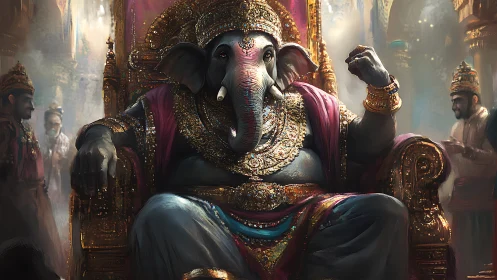 Majestic elephant deity sits enthroned in radiant splendor