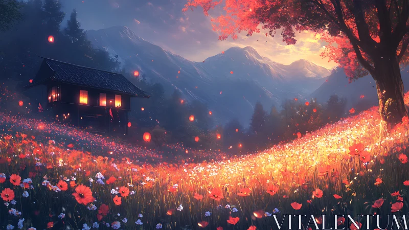 Lantern-lit house beside illuminated poppy field at dusk.