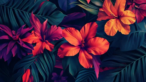 Digital hibiscus composition renders layered tropical flowers with vibrant warm gradients