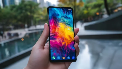 Vibrant Fluid Display: Modern Smartphone in Urban Setting