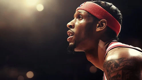 Intense courtside portrait under dramatic arena spotlight.
