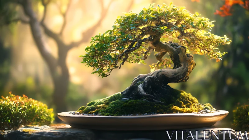 Sunlit bonsai tree curves over moss in shallow ceramic tray