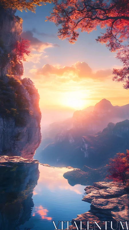 Sunrise slips between cliffs and paints a mirrored river sky