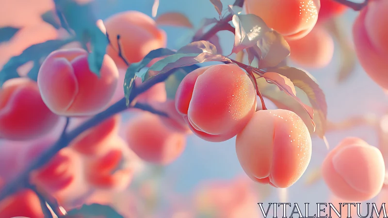 Softly lit ripe peaches rendered with shallow depth of field