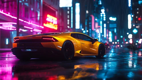 Golden supercar prowls neon city streets on rainy night