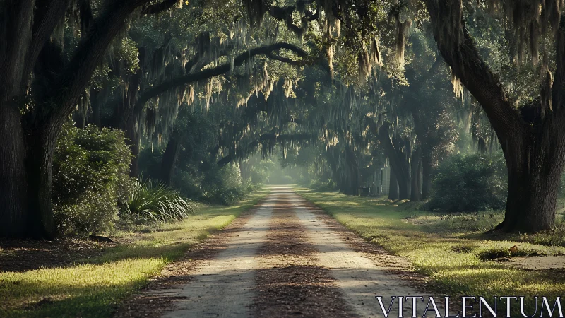Sunlit oak lane wrapped in moss and quiet morning mist.