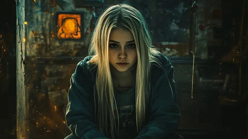 Moody cyberpunk portrait of blonde woman in dim urban interior.