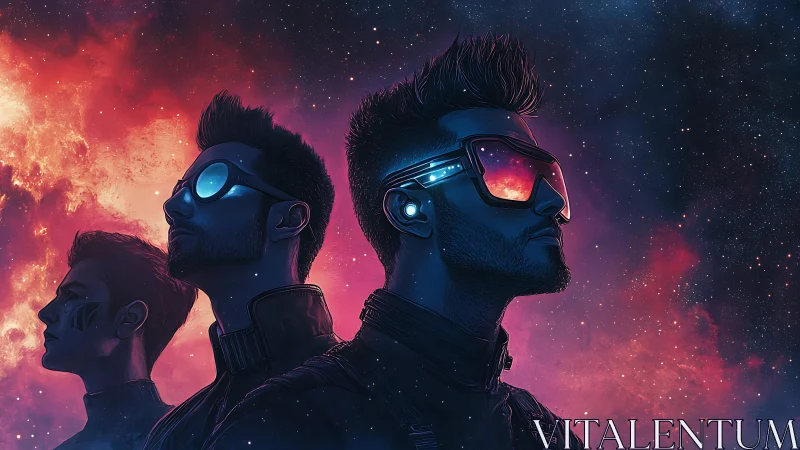 Futuristic figures in profile against nebula space field.