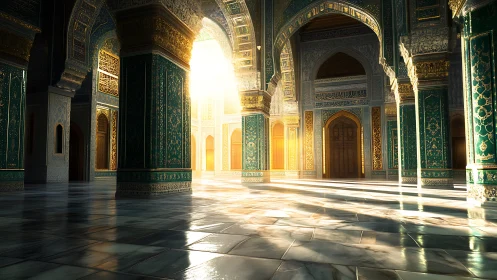 Golden light streaming through a tranquil marble hall.