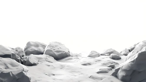 Snow sculpted boulders quietly dissolve into a white sky
