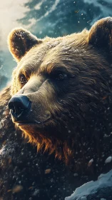 Golden-furred grizzly in swirling alpine snowfall close-up.