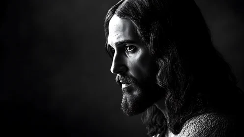 Solemn monochrome portrait shows a contemplative long haired man