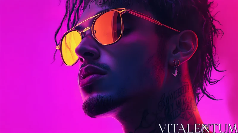 Neon portrait of man in reflective sunglasses and tattoos.