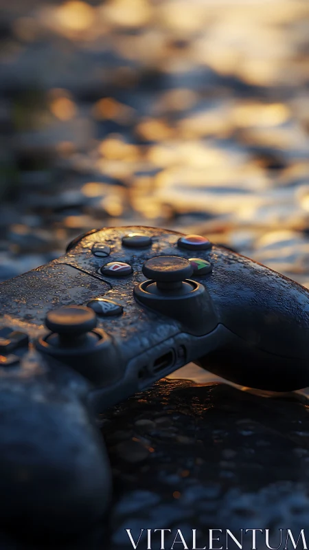 Gaming Controller on Weathered Stone Surface with Golden Hour Ambient Lighting